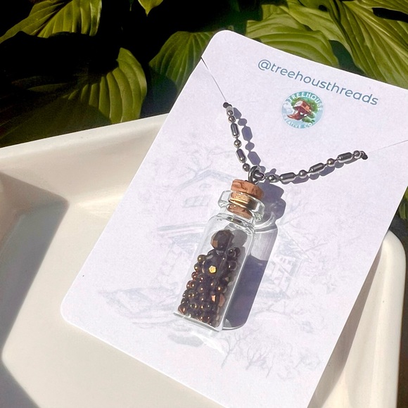 Glass Bottle Pendant Necklace with Brown Crystal Beads 18” Silver Tone Chain - Picture 5 of 8